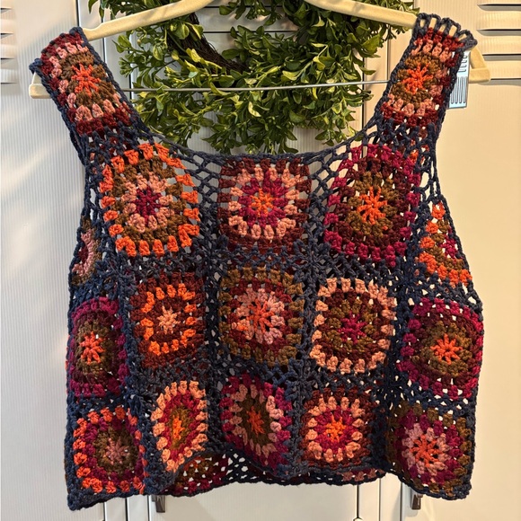 Natural Life Sz XL Loose Fit Patchwork Crochet Crop Tank Top navy multi-color - Picture 3 of 4